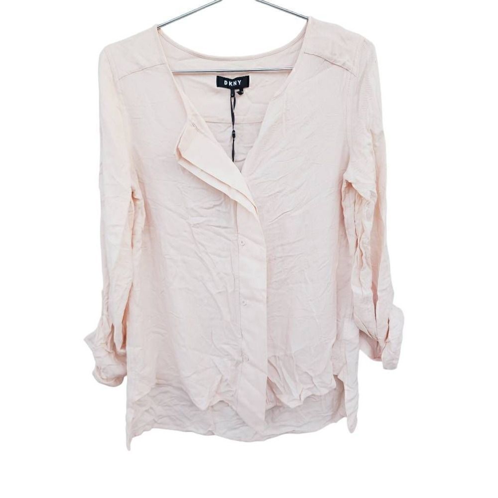 DKNY Womens Blouse Pink Long Sleeve 100% Rayon High Low Roll Tab S New $99